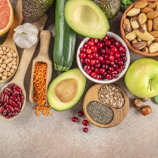 healthy food. Different vegetables, seeds and fruits, food concept antioxidants, fiber and vitamins. flat lay. Space for text.