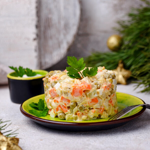 Traditional Russian salad Olivier. New year food